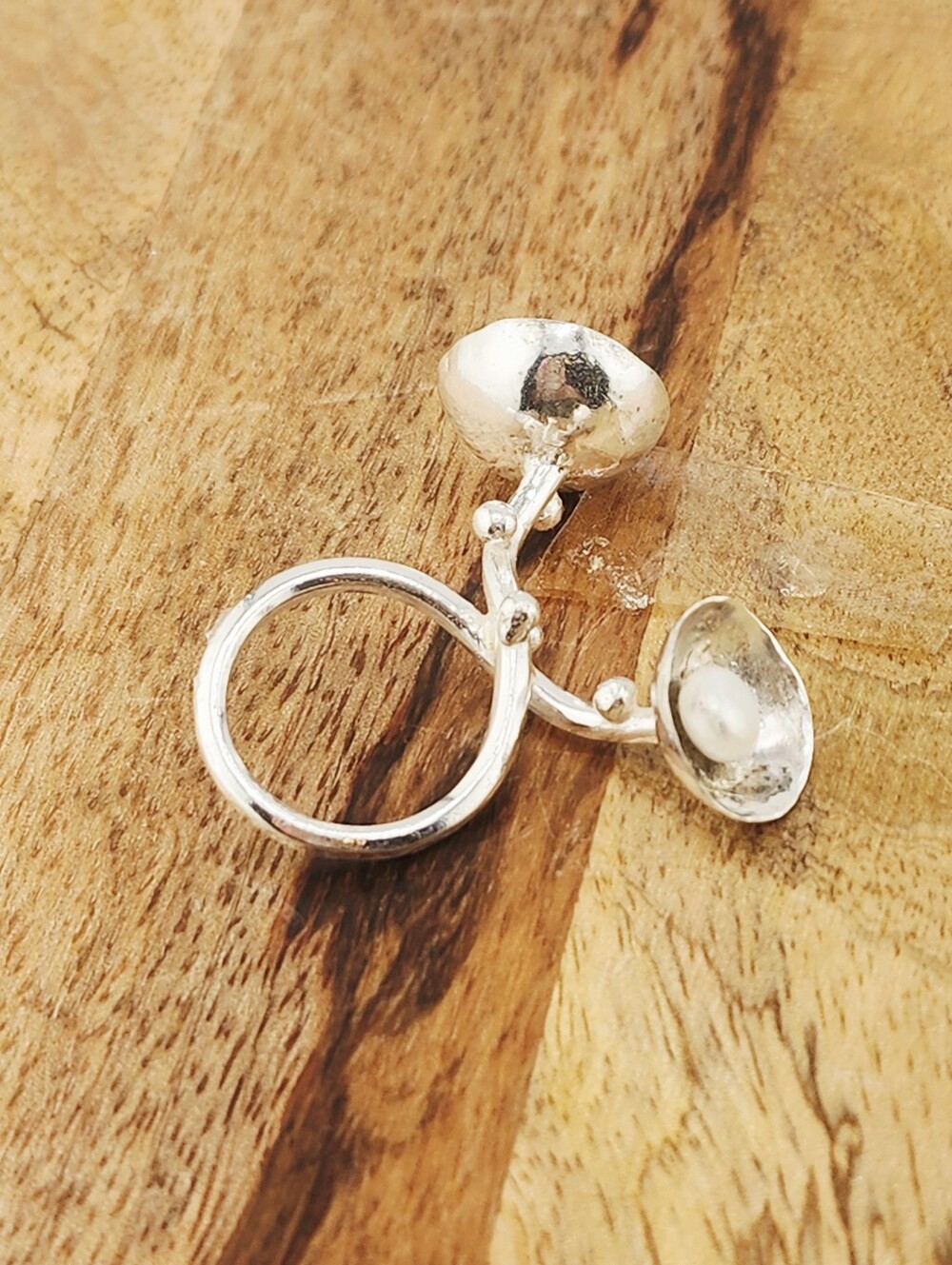 UNIQUE 2 FLOWER POT RING HANDMADE WITH STERLING SILVER AN A PEARL SIZE 8 - Picture 15 of 16
